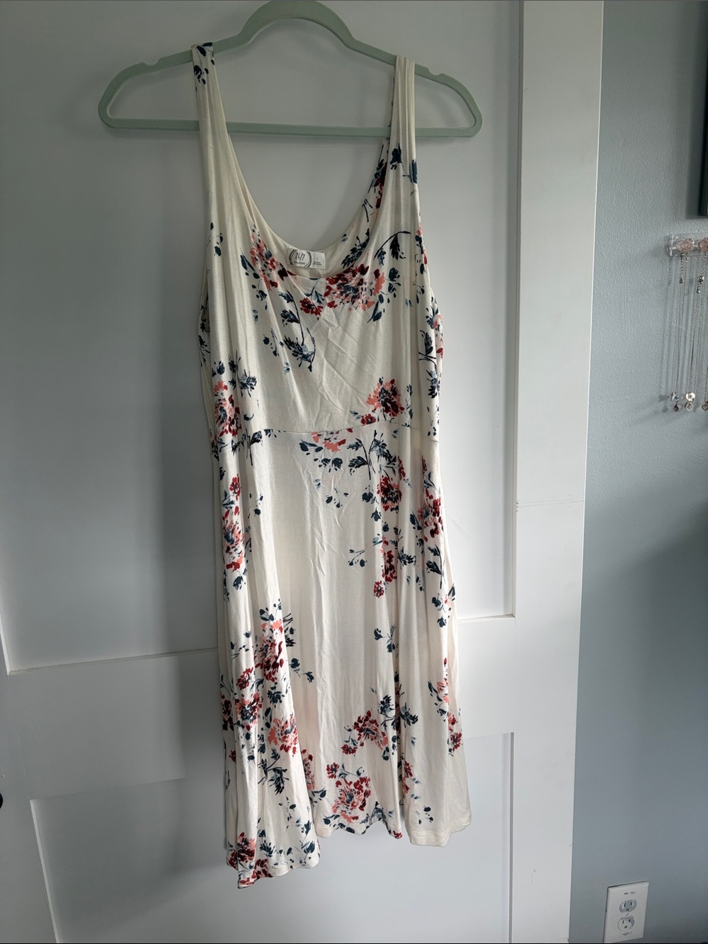 Cream Midi Dress with Red & Navy Floral Print